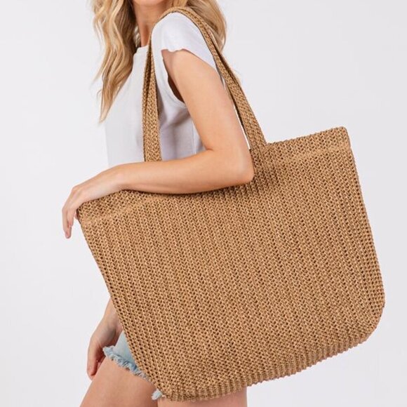 Handbags - Solid Color Crochet Straw Tote Beach Bag - Taupe/Light Brown